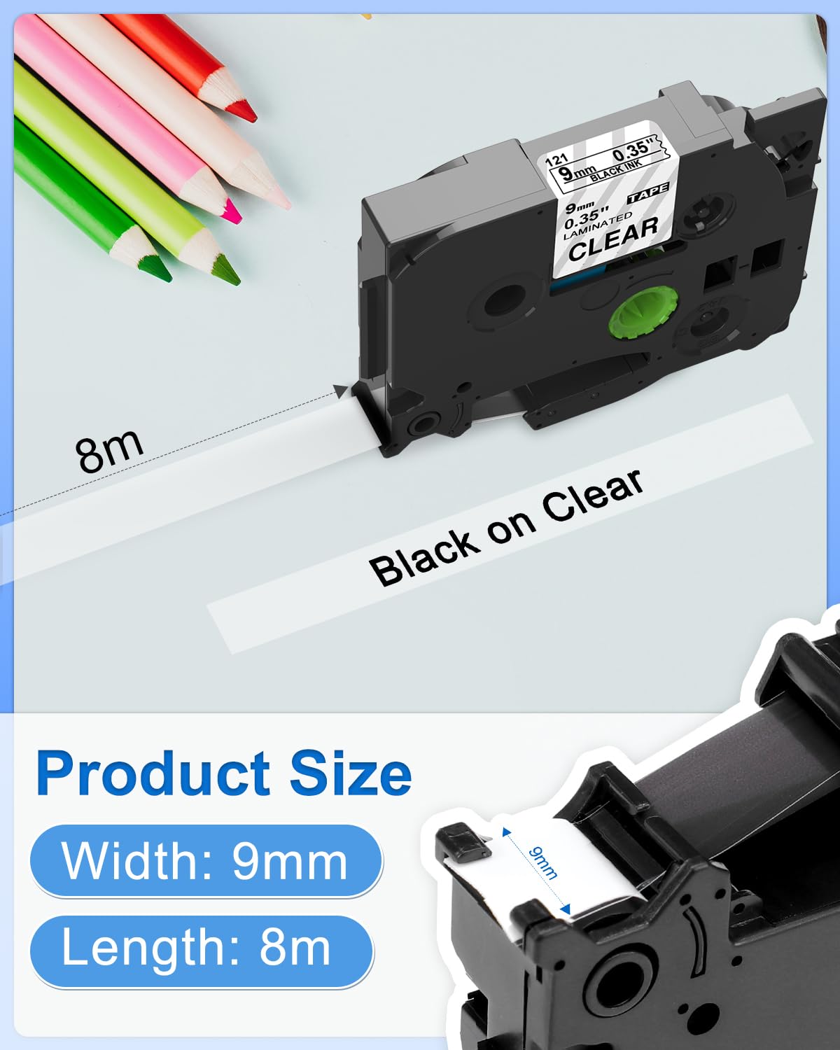 Upwinning Tze 121 Ruban Transparent Compatible Brother P-touch Ruban TZe-121 TZe121 Transparent 9mm x 8m, Recharge Tze Ruban Transparent 9mm Pour Brother P Touch Cube P300BT H100R D400 D200 D210