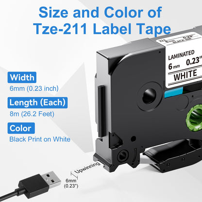 Upwinning Compatible TZe211 TZe-211 Brother P touch Ruban 6mm AZe-211 TZ Tape 6mm Cassette Laminé Noir sur Blanc, Recharge Tze 6mm pour Brother P-touch H107B H200 1000 1005 1010 H100R H105 H100LB