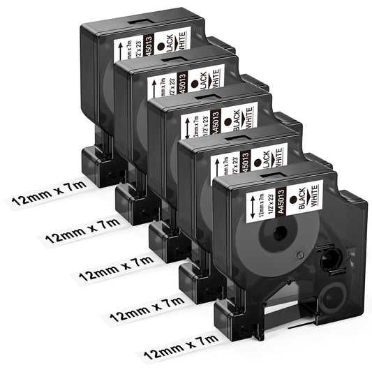 5x Upwinning 45013 Ruban 12mm x 7m Compatible avec Dymo D1 12mm x 7m 45013 S0720530 A45013, Recharge Dymo D1 Ruban 12mm Noir sur Blanc pour Dymo LabelManager 160 210D 280 360D 420P LabelPoint 100 150