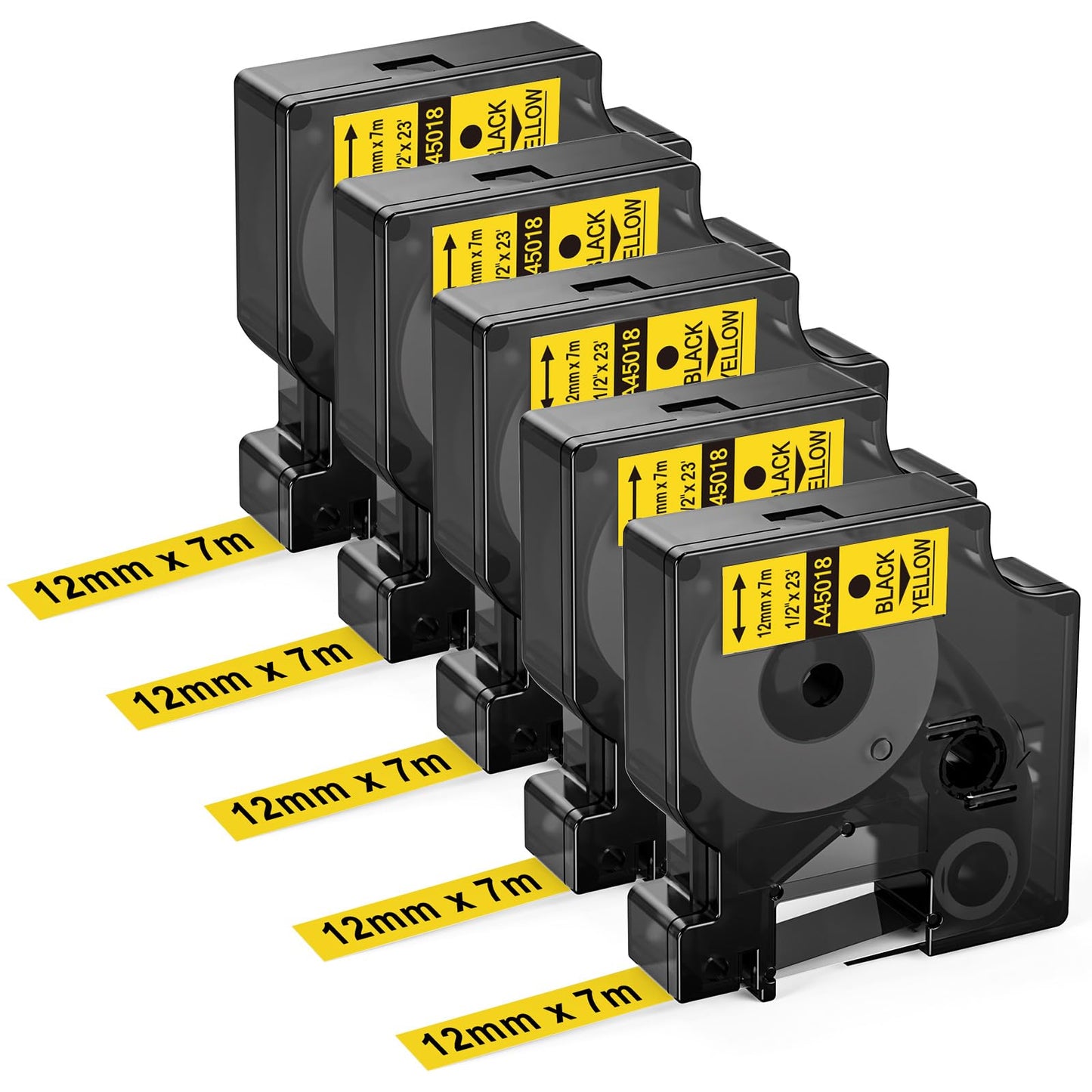 Upwinning 45018 Ruban Jaune 12mm x 7m Compatible avec Dymo Ruban D1 12mm x 7m 45018 S0720580 Noir sur Jaune, Recharge D1 Ruban Jaune Compatible avec Dymo Labelmanager 160 150 210D 260P 280 360D 420