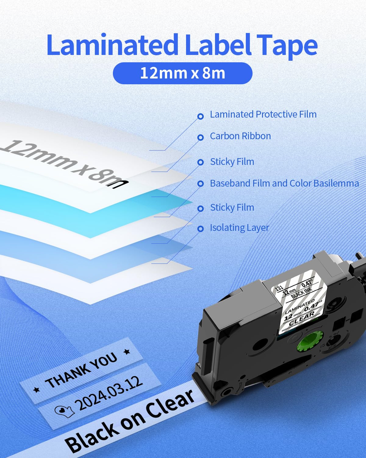 Upwinning TZe-131 TZe 131 kompatibel mit P-touch Bänder Transparent 12mm, als Ersatz für P touch Tape Clear TZ 131 AZe-131 Durchsichtig für Ptouch PT H105 H107B D400 H110 1000 1005, 3x